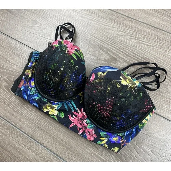 Cacique Women's Longline Multi-way Bra Floral Tropical Print Black Size 40 D - Picture 1 of 5